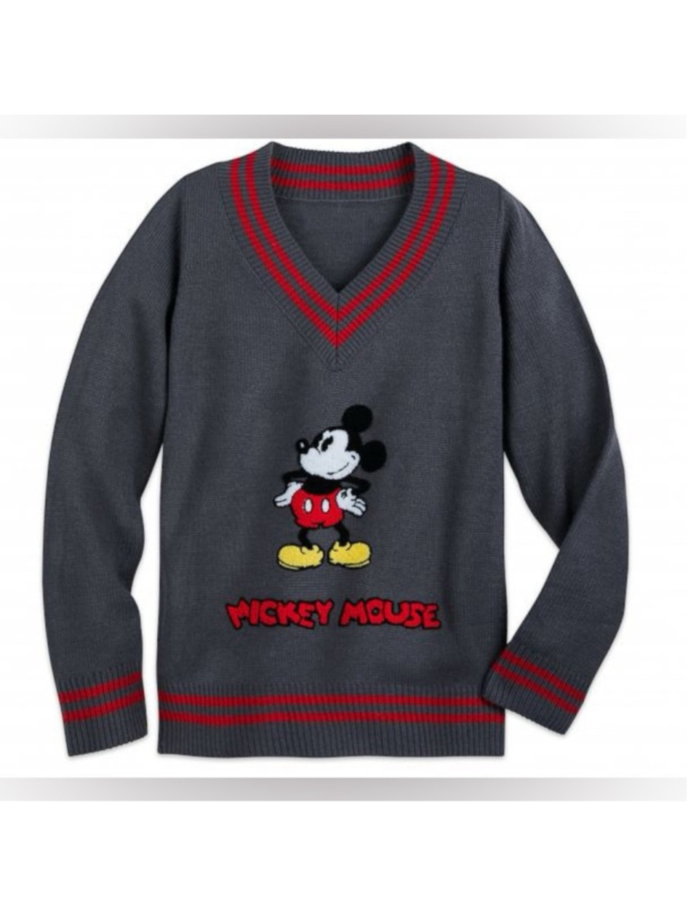Disney Grey Mickey Mouse Varsity Striped V Neck Sweater Size XS